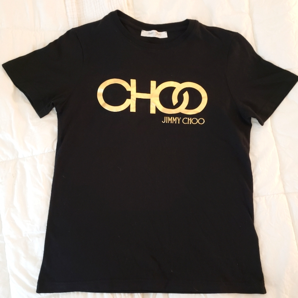 Jimmy Choo Metallic Gold Logo Graphic Black T-Shirt Tee Cotton Xxs